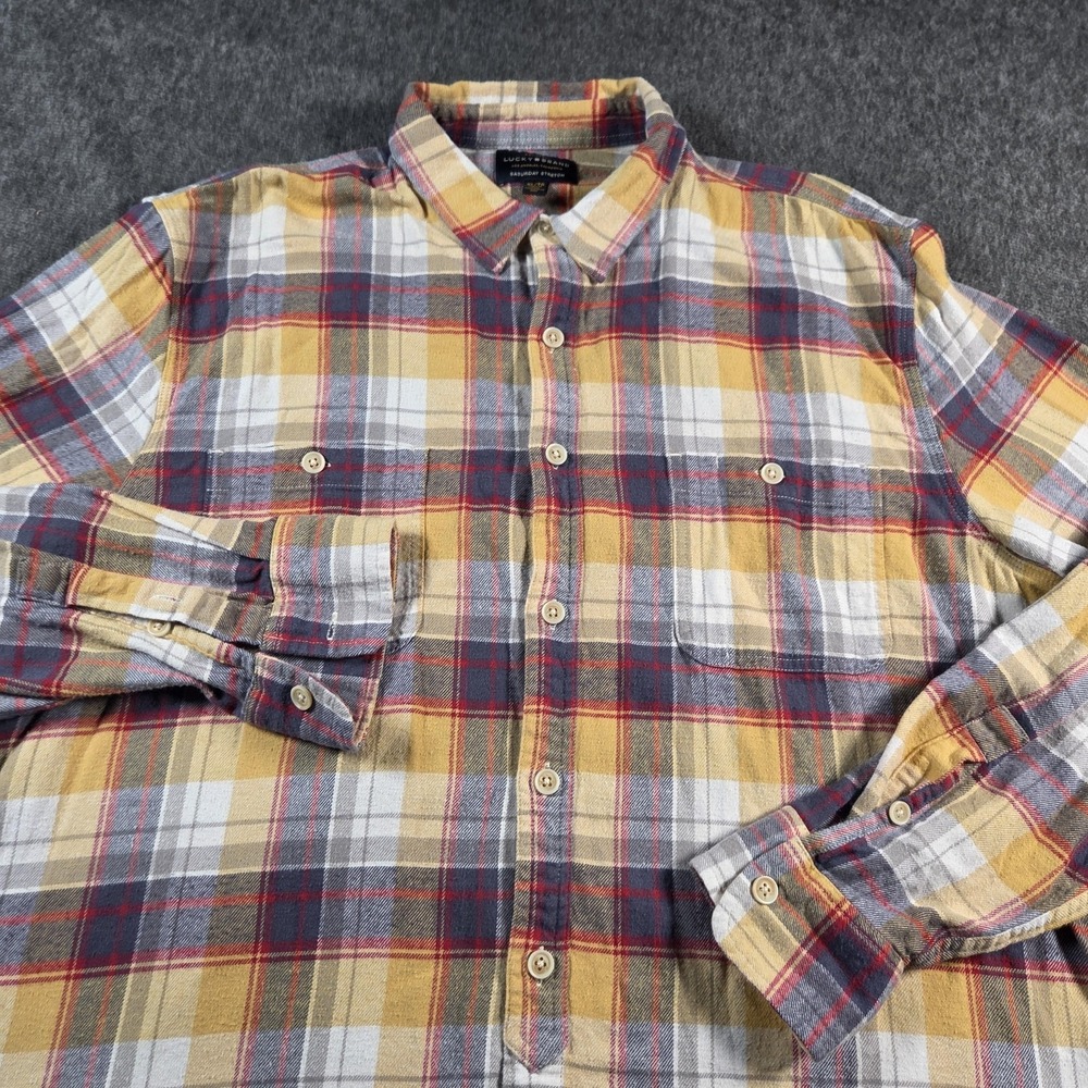 Lucky Brand Shirt Mens XL Yellow Gray Plaid Flannel Saturday Stretch Button Down